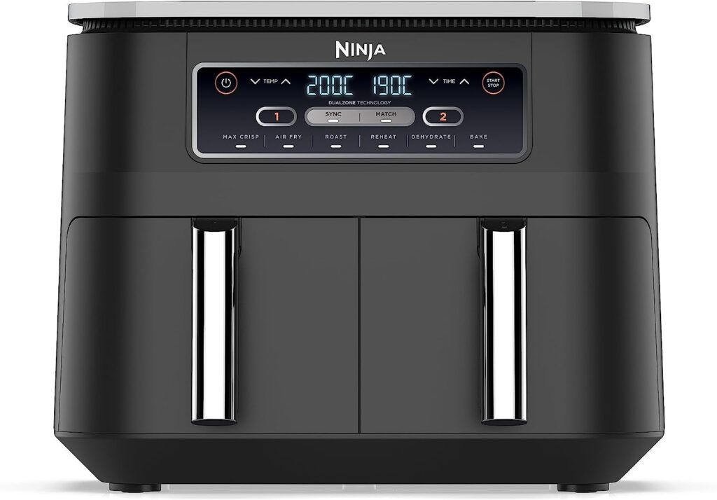 Foodi Dual Zone Digital Air Fryer, 2 Drawers, 7.6L, 6-In-1, Uses No Oil, Air Fry, Max Crisp, Roast, Bake, Reheat, Dehydrate, Cooks 4-6 Portions, Non-Stick, Dishwasher Safe Baskets, Black AF300UK